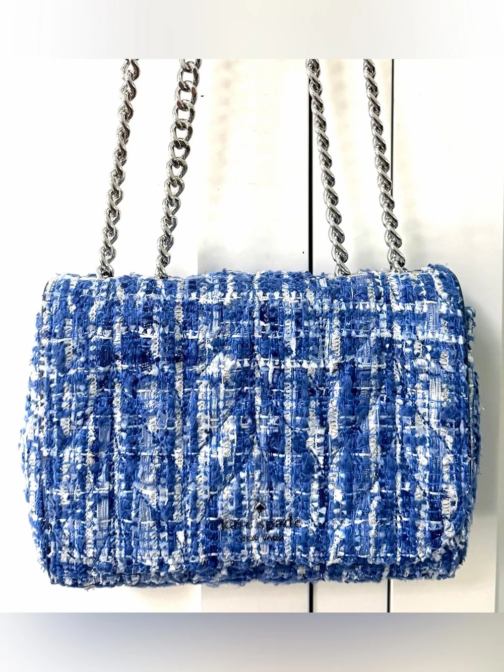 KATE SPADE Natalia Denim Tweed Medium Flap Chain Shoulder Crossbody Blue